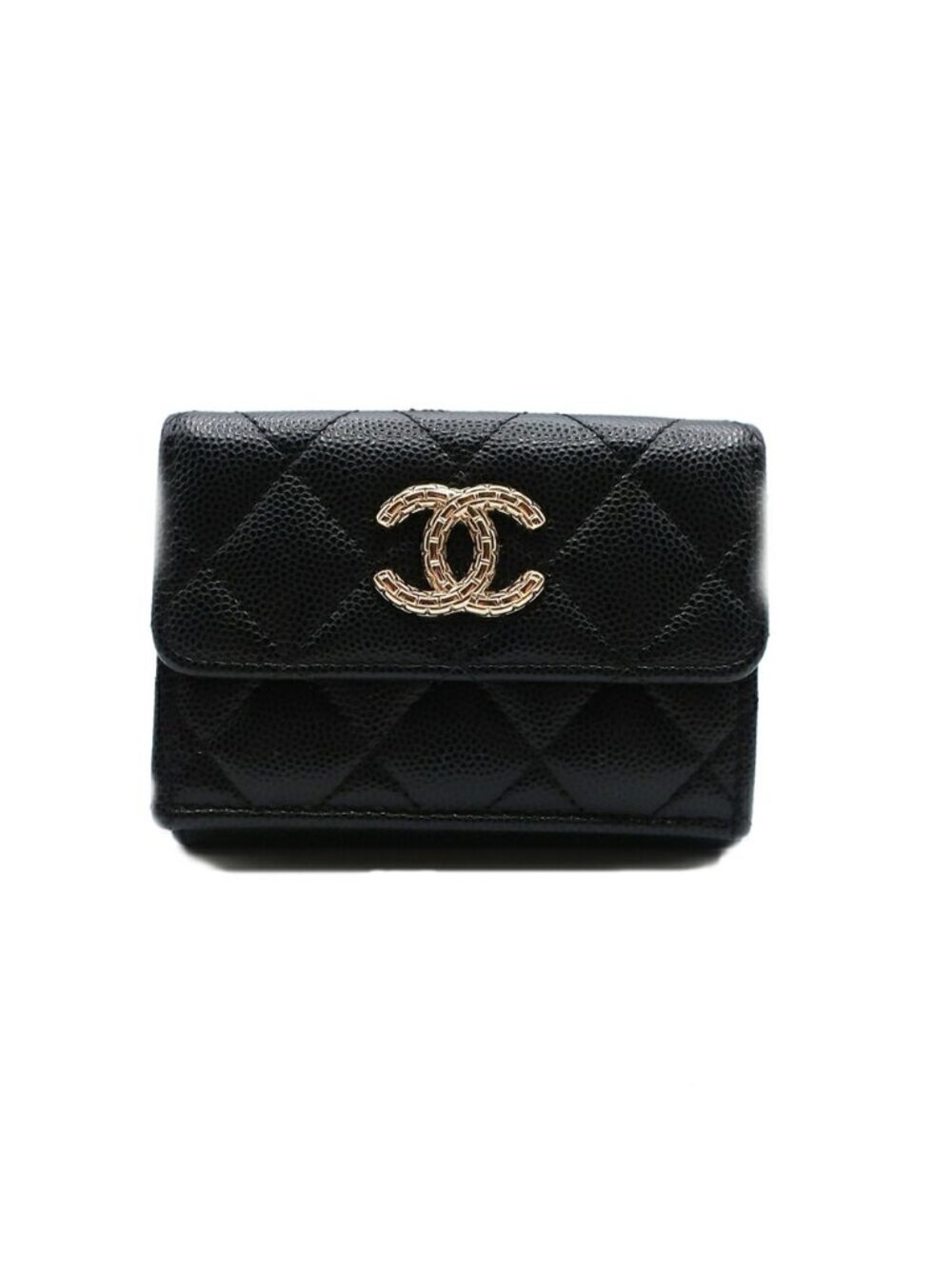 Chanel Small Flap Wallet Caviar Leather Trifold Black CC Logo Gold Safety Pin